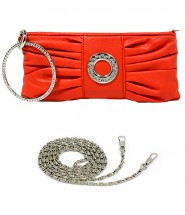 Evening Bag - Pleated PU Leather w/ Rhinestone Loop Wristlet – Red – BG-7070M-RD